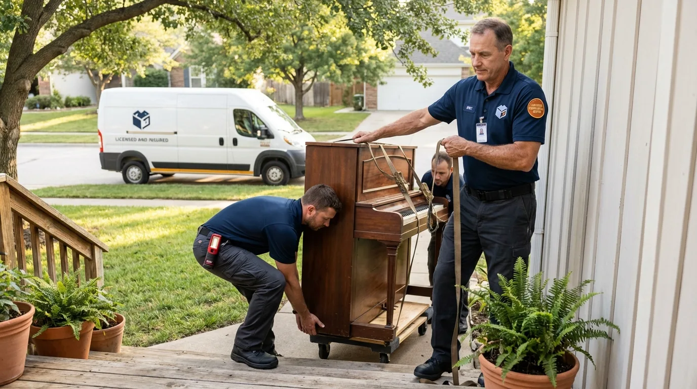 Licensed piano movers securing grand piano in Geneva, IN