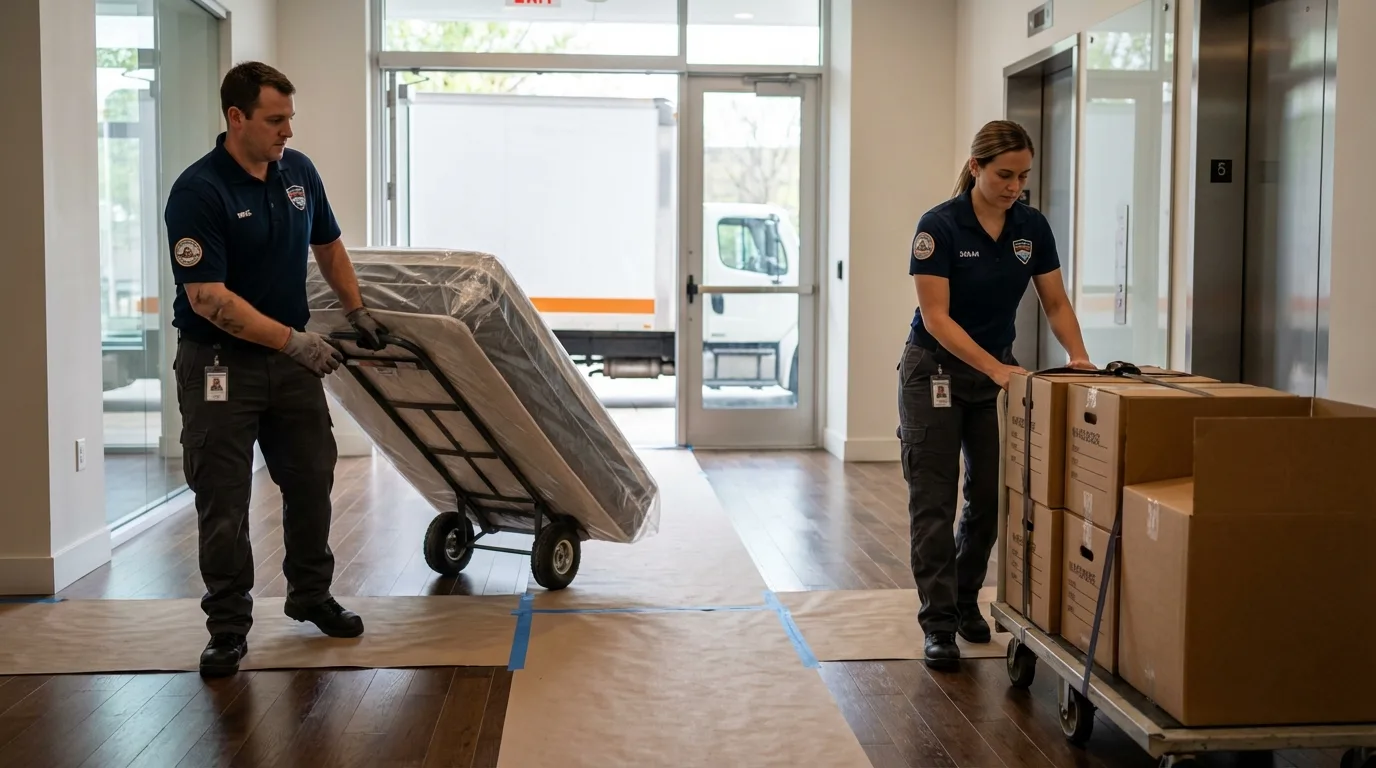 Professional apartment movers loading elevator in Geneva, IN